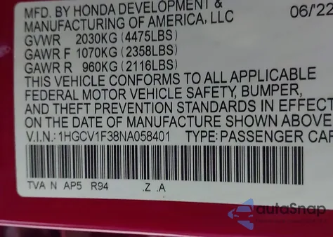 2022 Honda Accord Sport from USA, damaged, VIN 1HGCV1F38NA058401